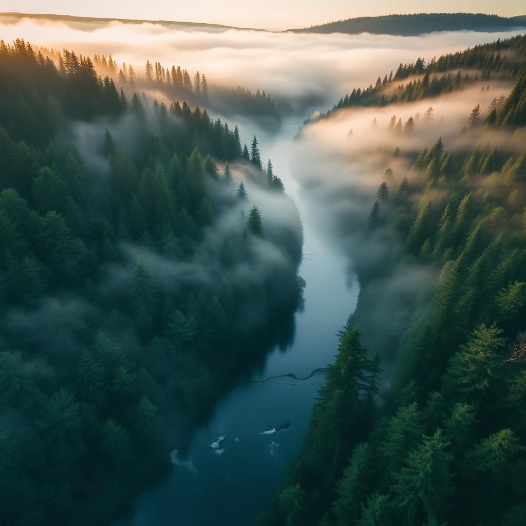 Nebliger Wald mit Fluss aus der Luft