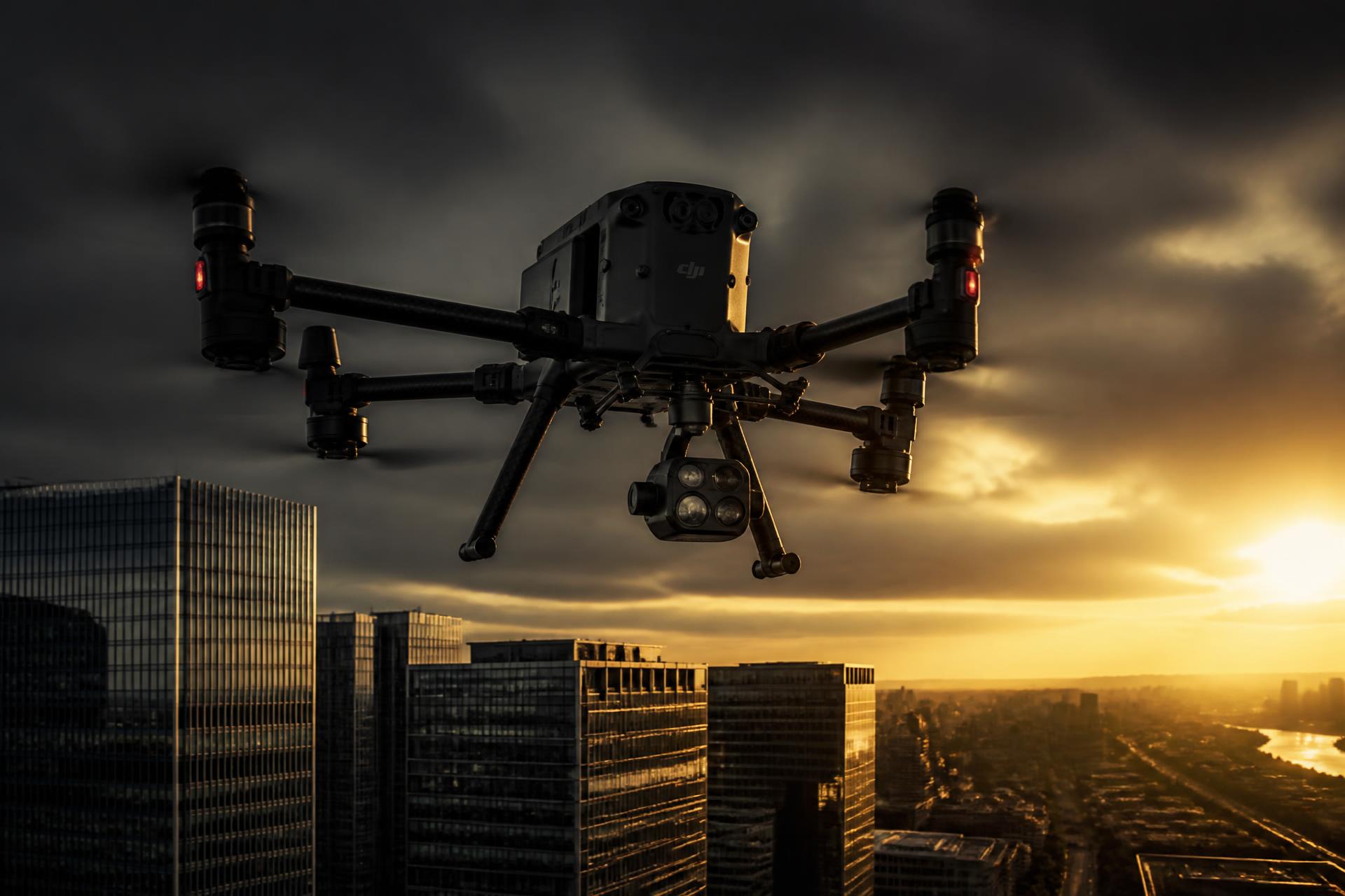 DJI Matrice 4T Drohne im Flug über modernen Bürogebäuden bei Sonnenaufgang